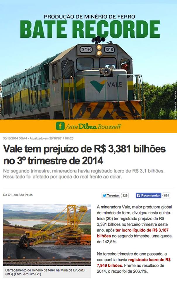 Vale tem prejuízo de 3 bilhões no terceiro semestre de 2014.
